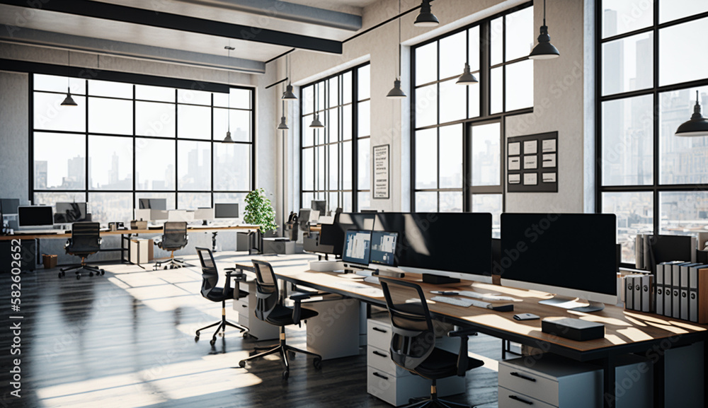 Poster modern office design with bright window view ,generative ai