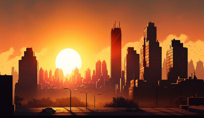 Sunset over cityscape silhouette urban skyline illuminated ,generative AI