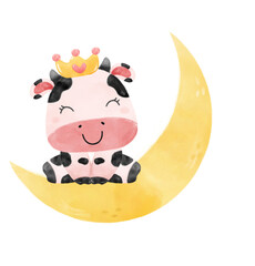 cute happy smile baby pink cow on moon farm animal nursery baby shower watercolour illustration