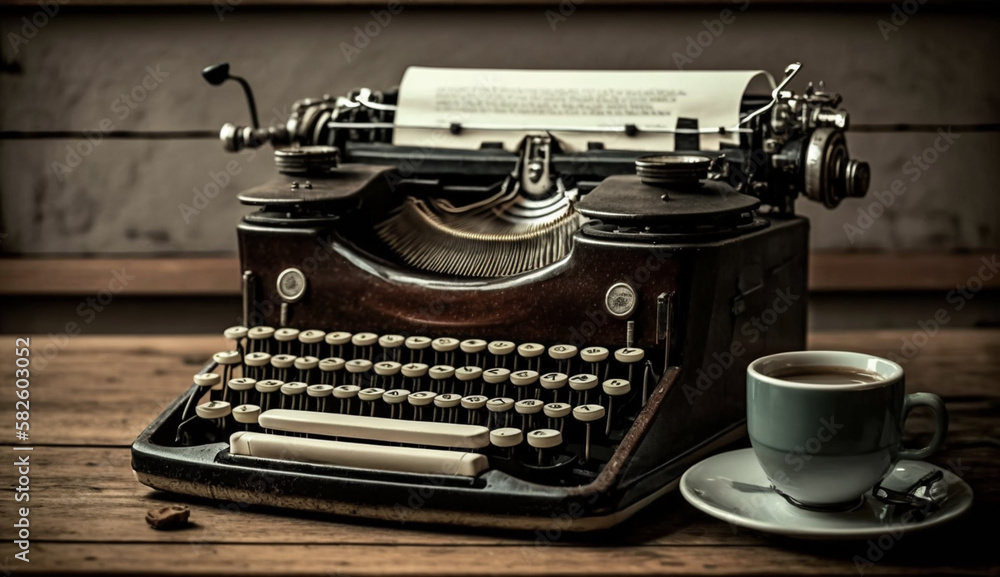 Poster antique typewriter on rustic table with paper ,generative ai