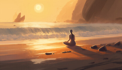 Sunset yoga on tranquil beach rejuvenating and serene ,generative AI