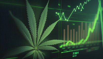 Cannabis business with marijuana leaves and stock graph charts going up, green stock market exchange, Commercial cannabis medicine business , Generative AI Technology