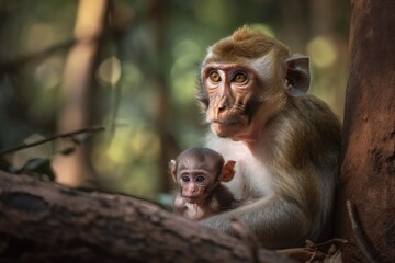 Thailand's mother monkey tends to her young. Generative AI