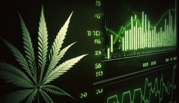 Cannabis Business With Marijuana Leaves And Stock Graph Charts Going Up, Green Stock Market Exchange, Commercial Cannabis Medicine Business , Generative AI Technology