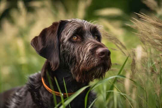 German hunting watchdog drahthaar, lovely summertime dog portrait. Generative AI