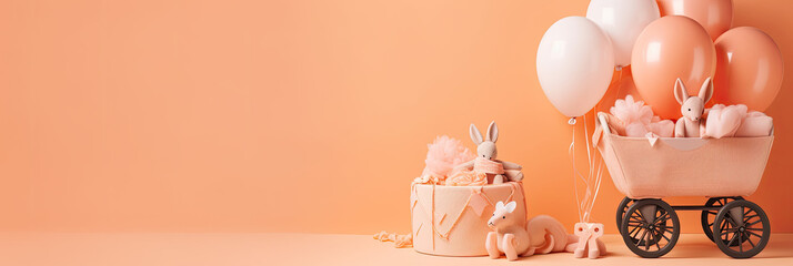 Toys and gifts for baby shower or baby bedroom, banner on orange background, generative ai illustration with copy space