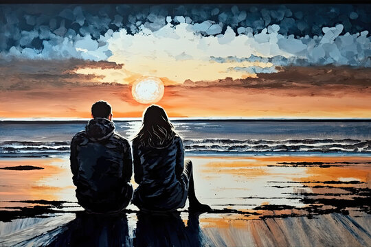 silhouette of a couple on the beach during sunset - made with generative ai