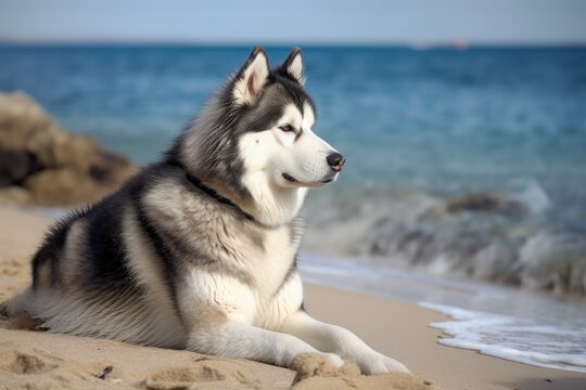A content malamute is relaxing by the water. Generative AI