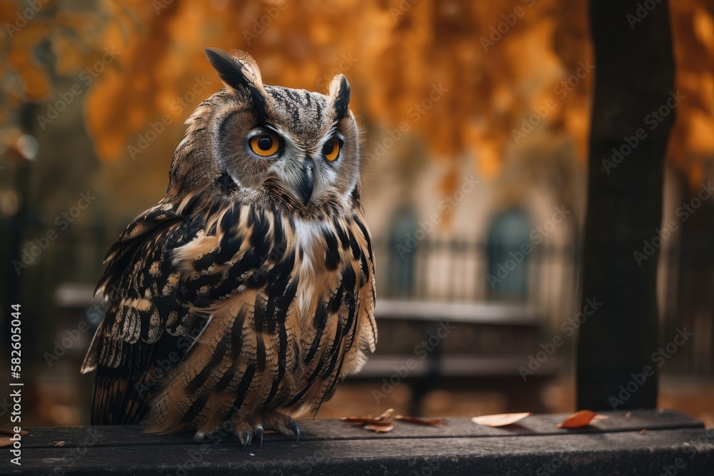 Poster owl seated at a bench. generative ai