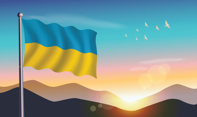 Ukraine flag with mountains and morning sun in background