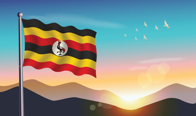 Uganda flag with mountains and morning sun in background