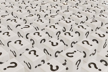 White dice with question marks on their faces. Background. 3d illustration.