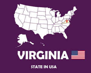 Fototapeta na wymiar Virginia state of USA text design with America flag and white silhouette map.
