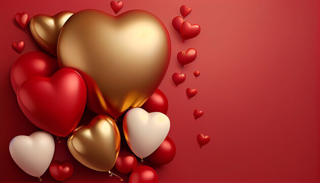 3D gold balloon isolated on red background, valentine background with copy space, Generative AI