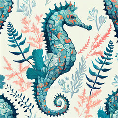 Seahorse, seamless pattern illustration, Generative AI