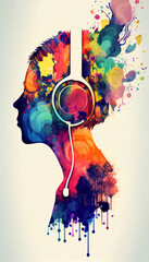 multicolored head with headphones listening to music in an explosion of color iphone backgroundcreated with generative AI technology	