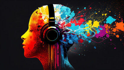 multicolored head listening to music in an explosion of color on black background created with generative AI technology	