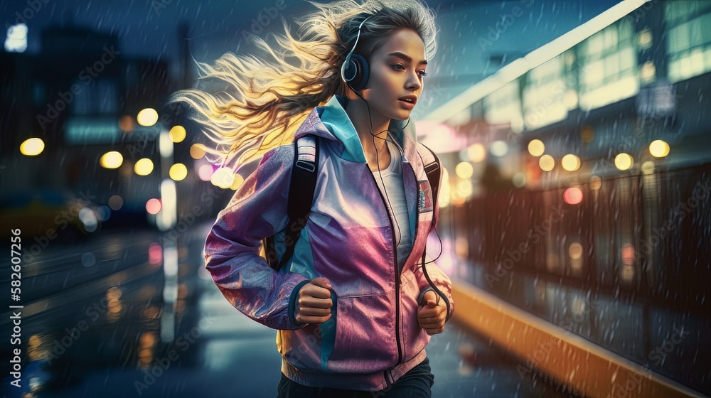 Wall mural sport active female woman in running jacket cloth run in the urban city downtown on street with traffic light advertising neon billboard concentrate workout at night , image ai generate