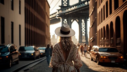 carefree traveller woman casual cloth walking look at the wonderful stunning Trendy Dumbo's cobblestone streets and converted Brooklyn warehouse Newyork. image ai generate