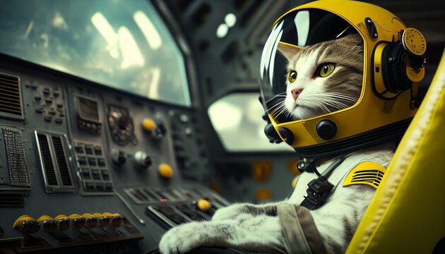 active cute cat flying into space with an astronaut costume and helmet in spacecraft control room ,image ai generate