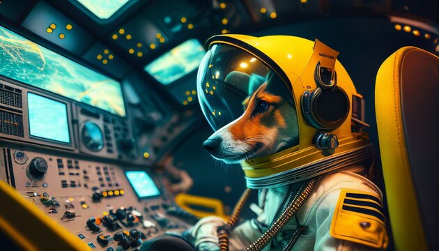 active cute dog flying into space with an astronaut costume and helmet in spacecraft control room ,image ai generate