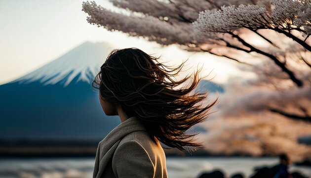 carefree traveller woman casual cloth walking look at the wonderful stunning attraction famous view of the fuji mountain with lake and sakura tree foreground, image ai generate