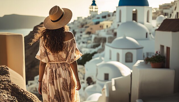 Full Length Rear View Of Tourist On Building Terrace By Sea At Santorini, image ai generate