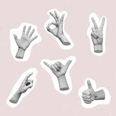 Obraz na płótnie Canvas Set of 3d hands showing gestures such as ok, peace, thumb up, point to object, shaka, palm with white contour on beige background. Contemporary art in magazine style. Modern design. 3d trendy collage