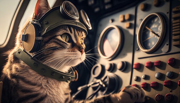 cat pilot wearing uniform and safety glasses control aircraft military dog sit in cockpit airplane, image ai generate