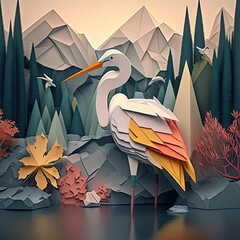 paper illustration of a crane and landscape