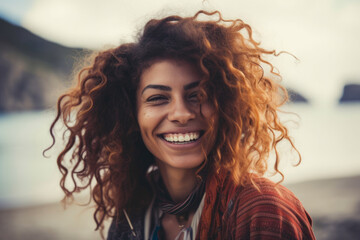 Adventurous and free-spirited portrait of a woman with wild hair, wearing bohemian clothes and a carefree smile, generative ai