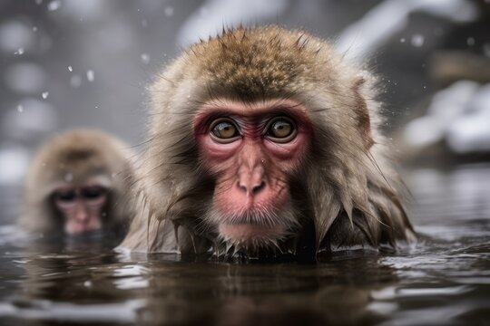 A mother Japanese macaque snow monkey holds her young close to a warm spring. Generative AI