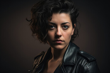 Fototapeta premium Bold portrait of a woman in a leather jacket and dark makeup, showing edginess and attitude, generative ai