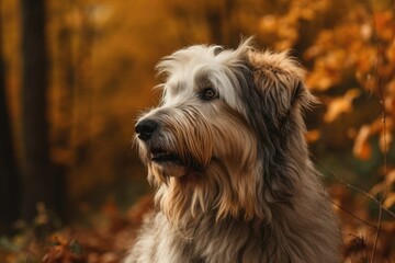 Naklejka na ściany i meble French sheepdog in profile against a backdrop of autumnal nature. Generative AI