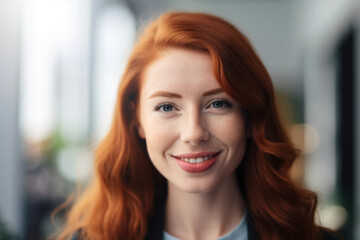 Close-up of a charming redhead executive smiling at the camera with a blurred office background, generative ai