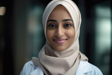 Close-up of a female doctor wearing a hijab and lab coat, looking at the camera with a warm, compassionate smile, symbolizing empathy and cultural diversity, generative ai