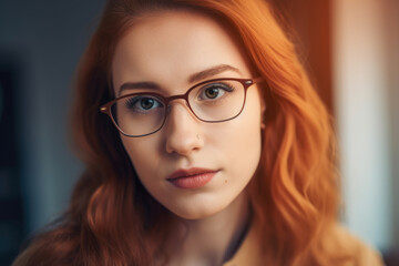 Fototapeta na wymiar Close-up of a redhead woman wearing glasses and looking at a computer screen with a serious and concentrated expression, generative ai
