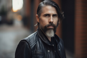 Obraz premium Close-up portrait of a bearded man in a leather vest with a serious expression and urban street background, generative ai