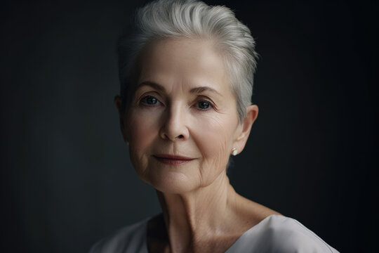 Classic And Timeless Portrait Of A Woman In Her 80s With Gray Hair In A Bun, Wearing A Simple Blouse And A Pair Of Earrings, With No Makeup, Generative Ai