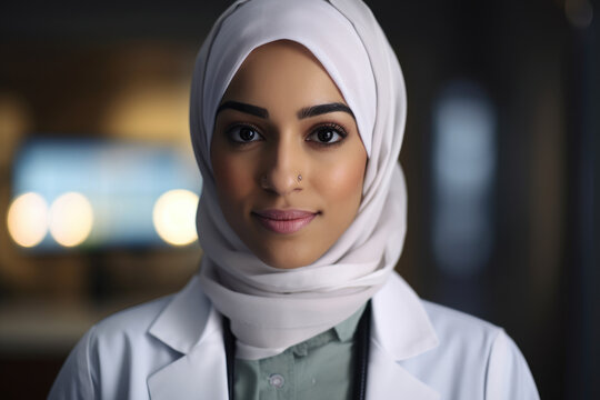 Close-up Of A Female Doctor Wearing A Hijab And Lab Coat, Looking At The Camera With A Warm, Compassionate Smile, Symbolizing Empathy And Cultural Diversity, Generative Ai