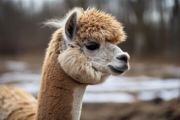 Obraz premium An up close image of a female alpaca gazing into the distance on a rural farm in the Midwest of the United States. Generative AI
