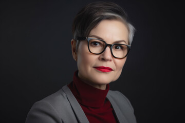 Fototapeta na wymiar Confident portrait of a middle-aged woman with short hair and glasses, wearing a formal blouse and blazer, with bold red lipstick, generative ai