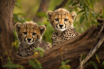 Two cheetah babies playing in a tree in Kenya's Masai Mara. Mother's name is Narasha. Generative AI
