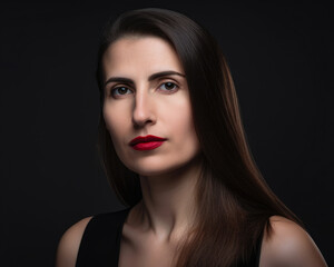 Confident portrait of a woman in her 30s with straight hair, wearing a sleek black dress and bold red lipstick, generative ai