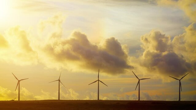Row of wind turbines near the ocean in Hawaii at sunset