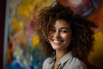 Creative woman with natural curly hair and a bright smile painting in her studio, generative ai
