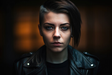 Dark and Mysterious portrait of a woman with a septum piercing, wearing a leather jacket and a black choker necklace, with a mysterious expression, generative ai