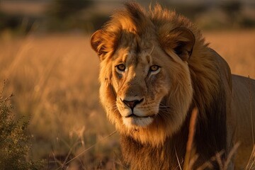Naklejka na ściany i meble Lion hunting in Africa's Mara Triangle. Generative AI