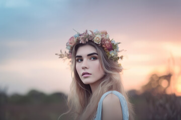 Ethereal beauty adorned in floral crown against a dreamy pastel sky with a soft breeze blowing her hair, generative ai