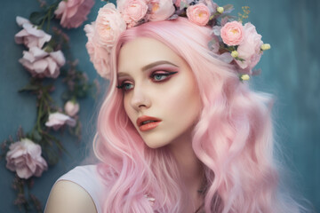 Naklejka premium Ethereal beauty of a woman with cascading pastel pink hair and delicate floral adornments, generative ai